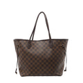 Louis Vuitton Neverfull MM shoulder bag in brown Damier Ebene canvas with dark brown leather handles, side drawstrings, and gold-tone hardware on a light gray background.