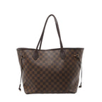 Louis Vuitton Neverfull MM shoulder bag in brown Damier Ebene canvas with dark brown leather handles, side drawstrings, and gold-tone hardware on a light gray background.
