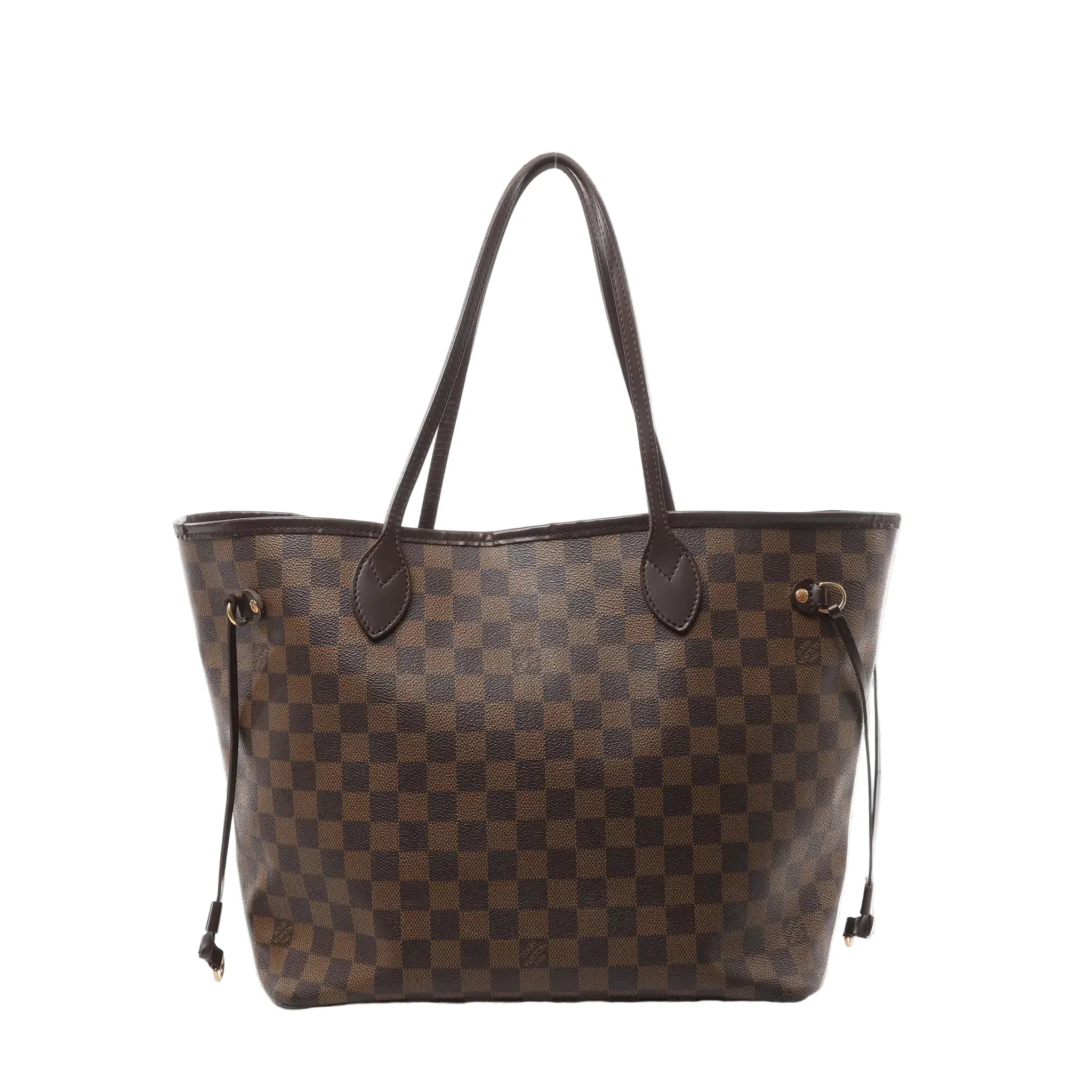 Louis Vuitton Neverfull MM shoulder bag in brown Damier Ebene canvas with dark brown leather handles, side drawstrings, and gold-tone hardware on a light gray background.