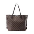 Louis Vuitton Neverfull MM shoulder bag in brown Damier Ebene canvas with dark leather trim, slim shoulder straps, side laces and open top.