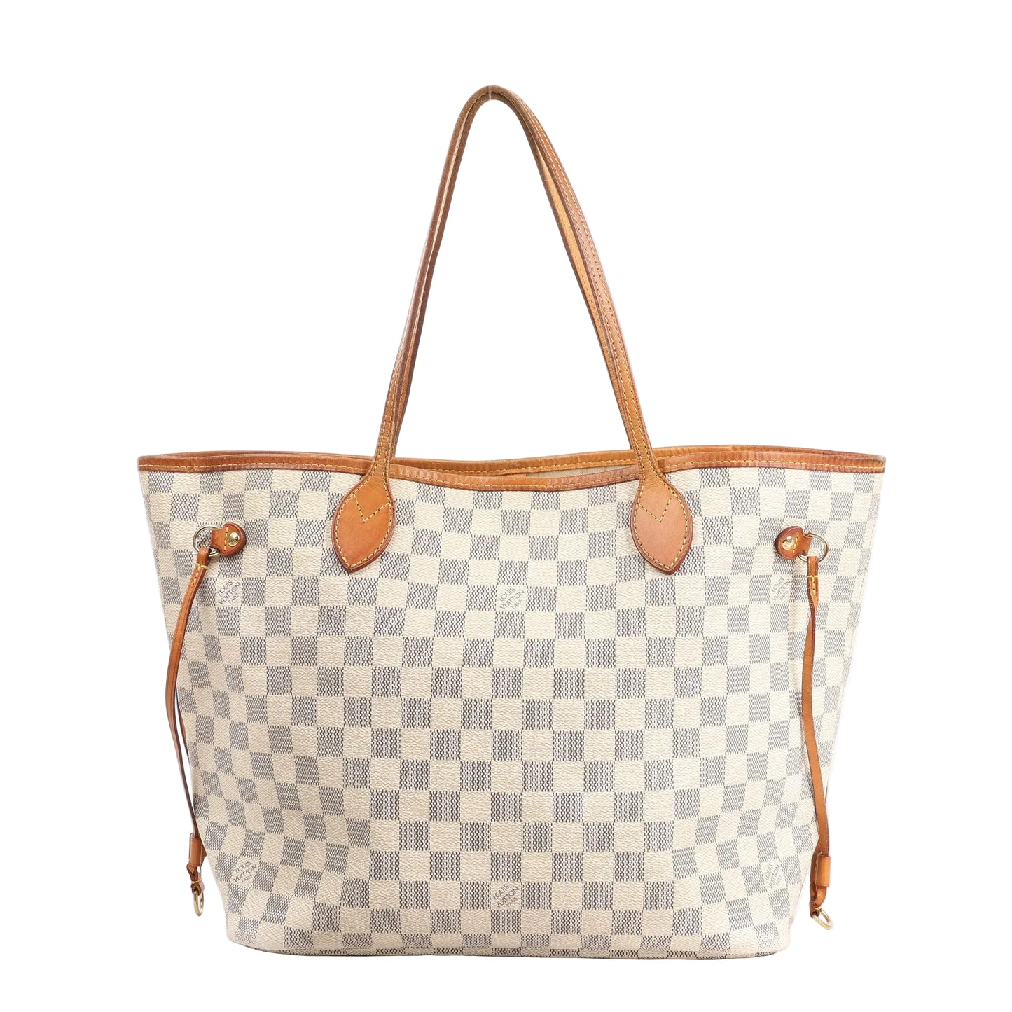 Louis Vuitton Neverfull MM tote in beige Damier Azur canvas with leather handles and drawstring side details.