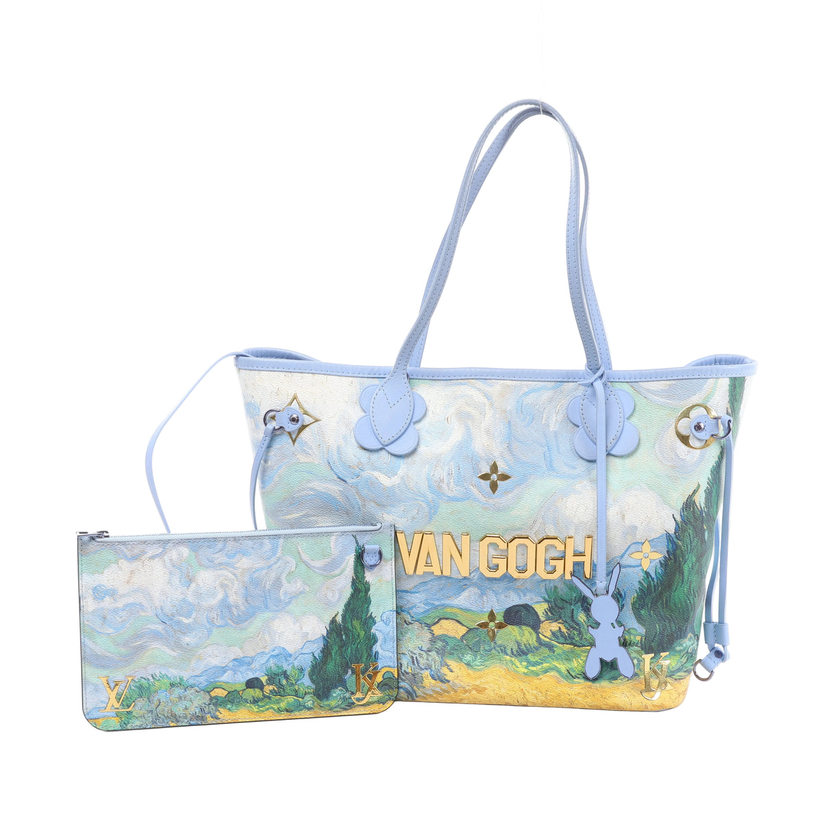 Louis Vuitton Neverfull tote with a colourful landscape print, pale blue handles, gold-tone VAN GOGH lettering and a rabbit charm, beside a matching pouch.