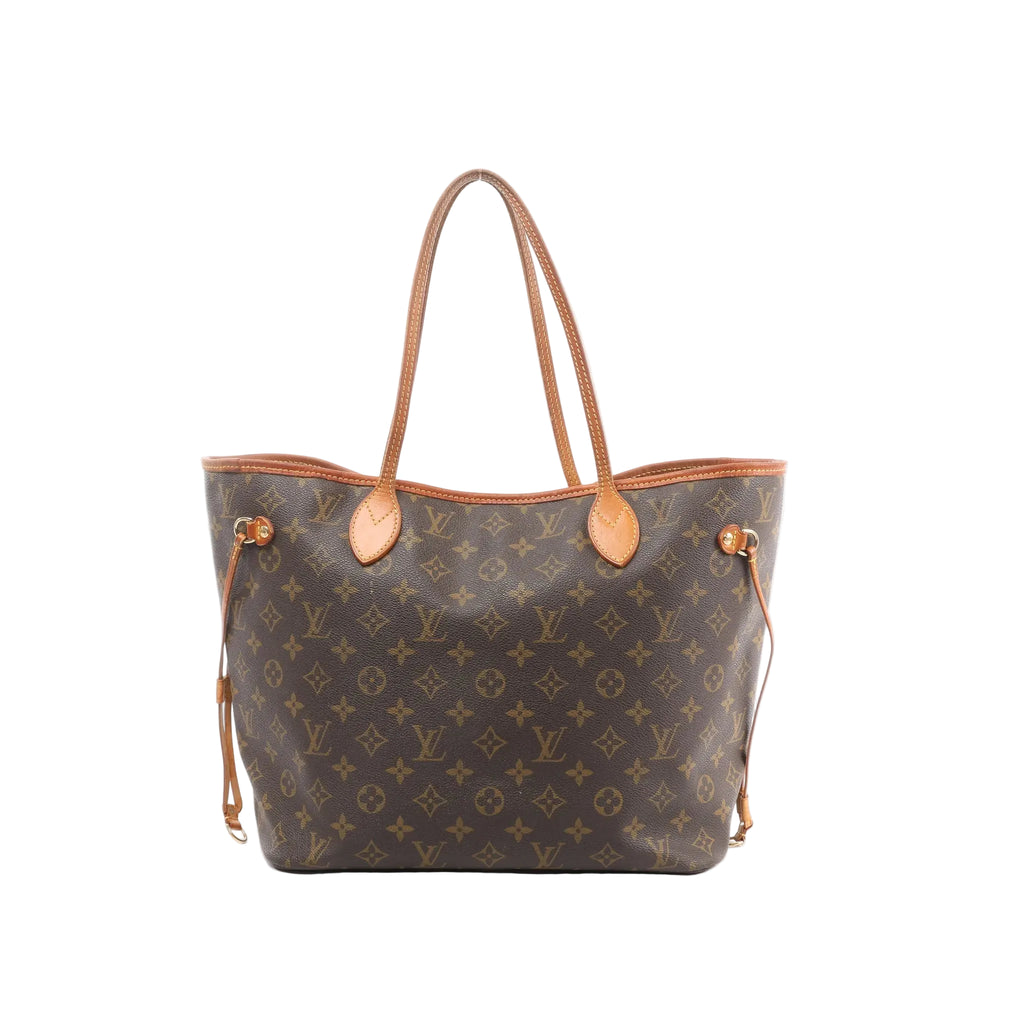 Louis Vuitton Neverfull MM brown Monogram canvas tote with tan leather trim, long shoulder straps, and side drawstring laces, front view on white background.