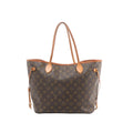 Louis Vuitton Neverfull MM brown Monogram canvas tote with tan leather trim, long shoulder straps, and side drawstring laces, front view on white background.