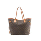 Louis Vuitton Neverfull MM brown Monogram canvas tote with tan leather trim, long shoulder straps, and side drawstring laces, front view on white background.