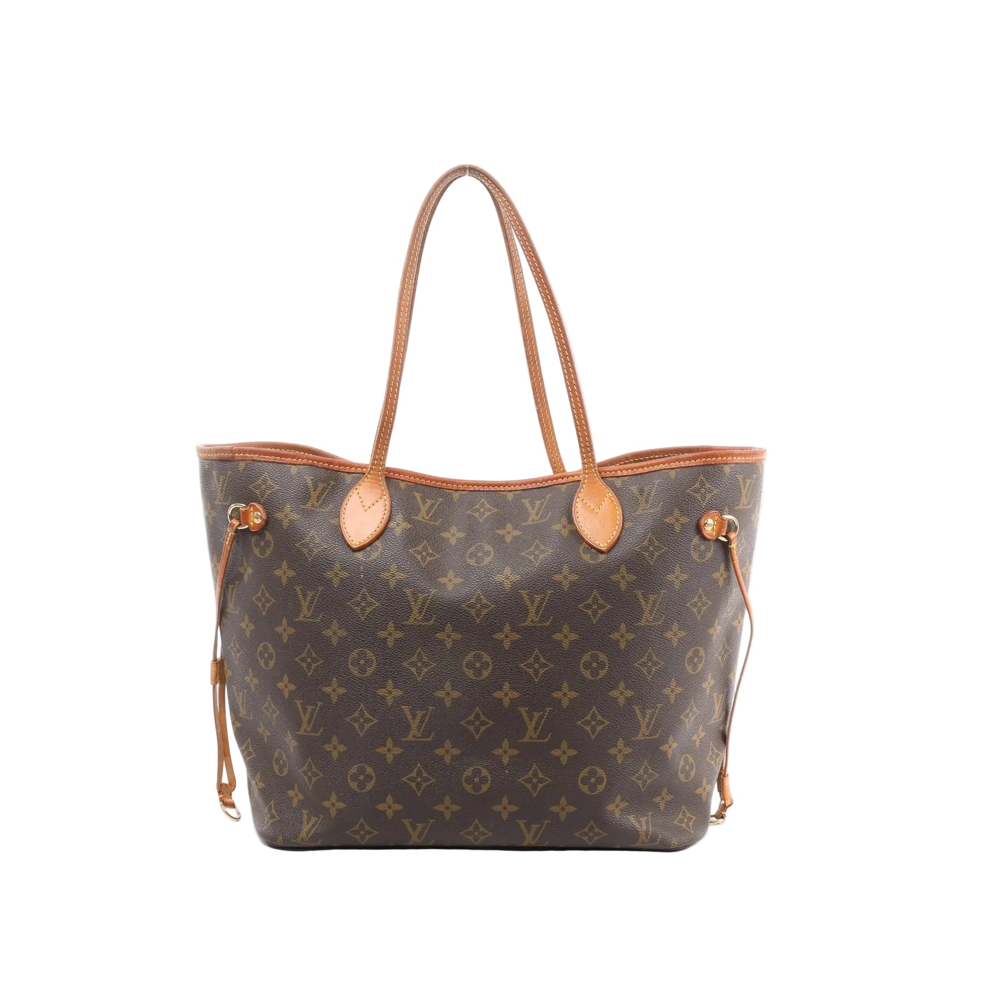 Louis Vuitton Neverfull MM brown Monogram canvas tote with tan leather trim, long shoulder straps, and side drawstring laces, front view on white background.