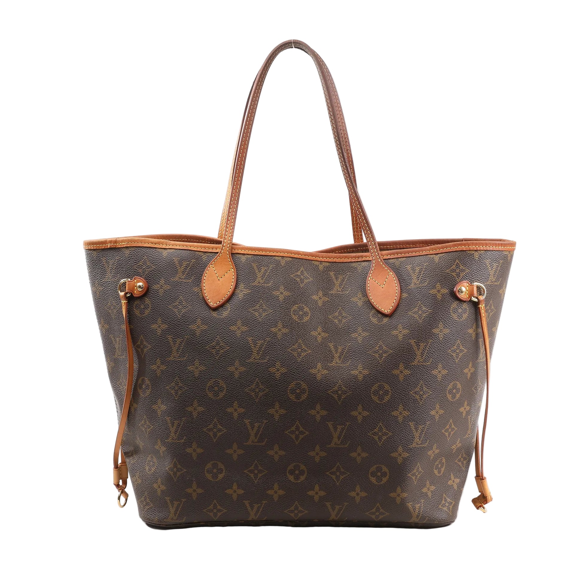 Louis Vuitton Neverfull MM Shoulder Bag M40156 in classic Monogram canvas with natural vachetta leather trim, adjustable side laces, dual top handles, and gold-tone hardware, displayed against a white background.
