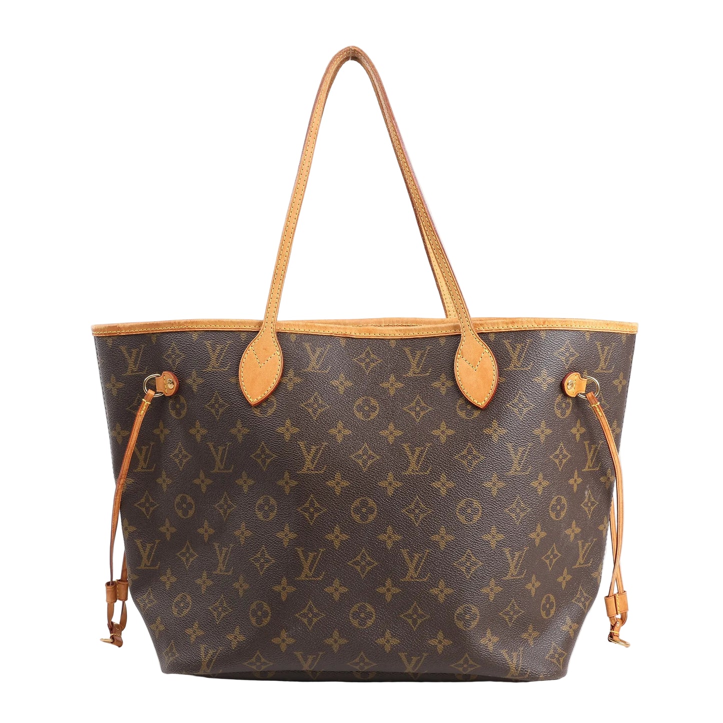 Louis Vuitton Monogram Neverfull MM Shoulder Bag M40156 in brown coated canvas with natural leather trim, slim shoulder straps, and adjustable side drawstrings, displayed upright against a white background.