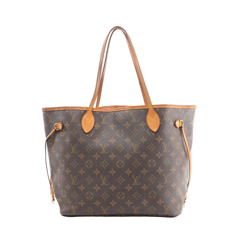 Louis Vuitton Neverfull MM brown Monogram canvas tote with tan leather trim, long shoulder straps, and side drawstring laces, front view on white background.