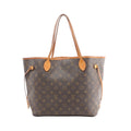 Louis Vuitton Neverfull MM brown Monogram canvas tote with tan leather trim, long shoulder straps, and side drawstring laces, front view on white background.