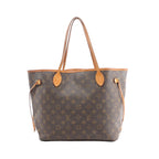 Louis Vuitton Neverfull MM brown Monogram canvas tote with tan leather trim, long shoulder straps, and side drawstring laces, front view on white background.