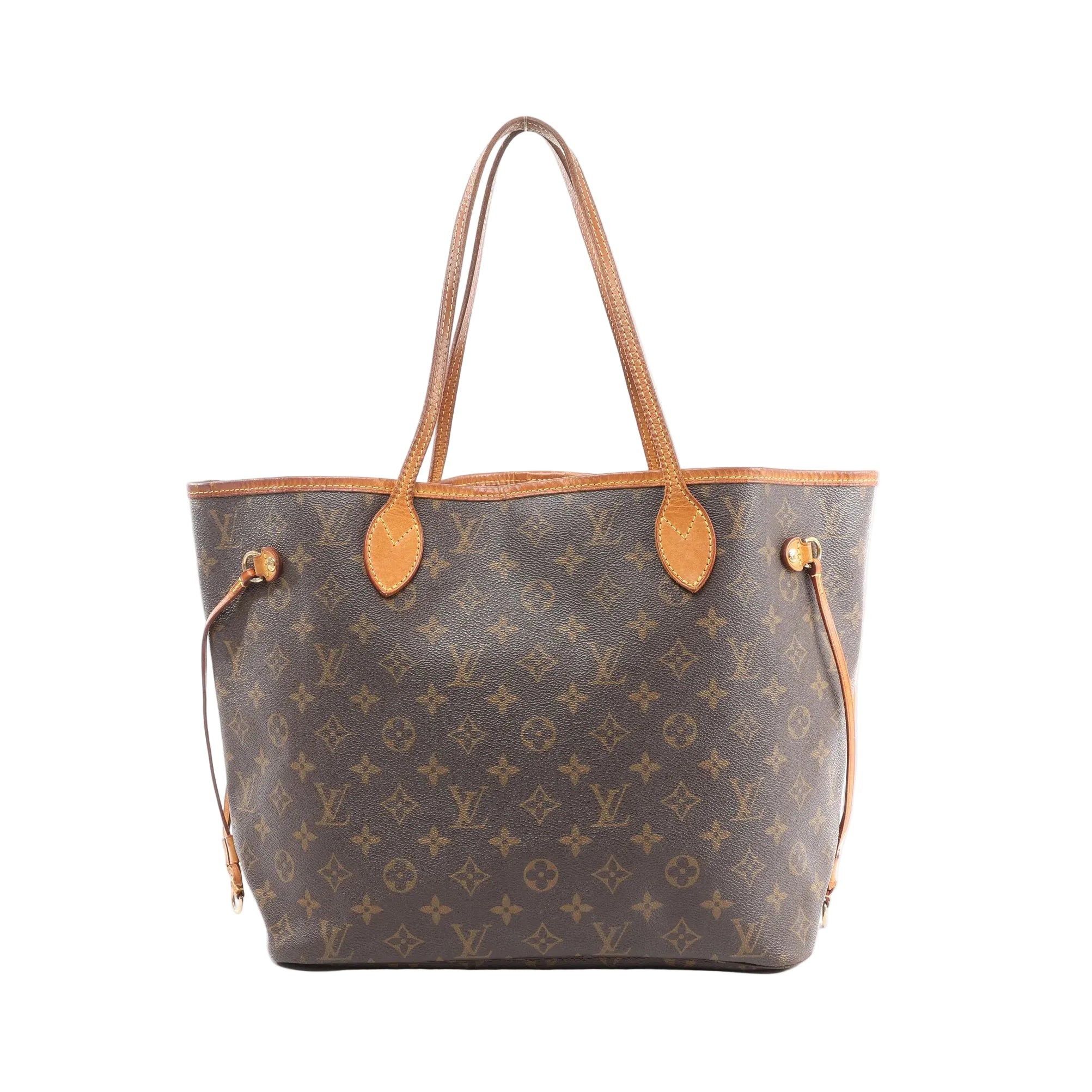 Louis Vuitton Neverfull MM brown Monogram canvas tote with tan leather trim, long shoulder straps, and side drawstring laces, front view on white background.