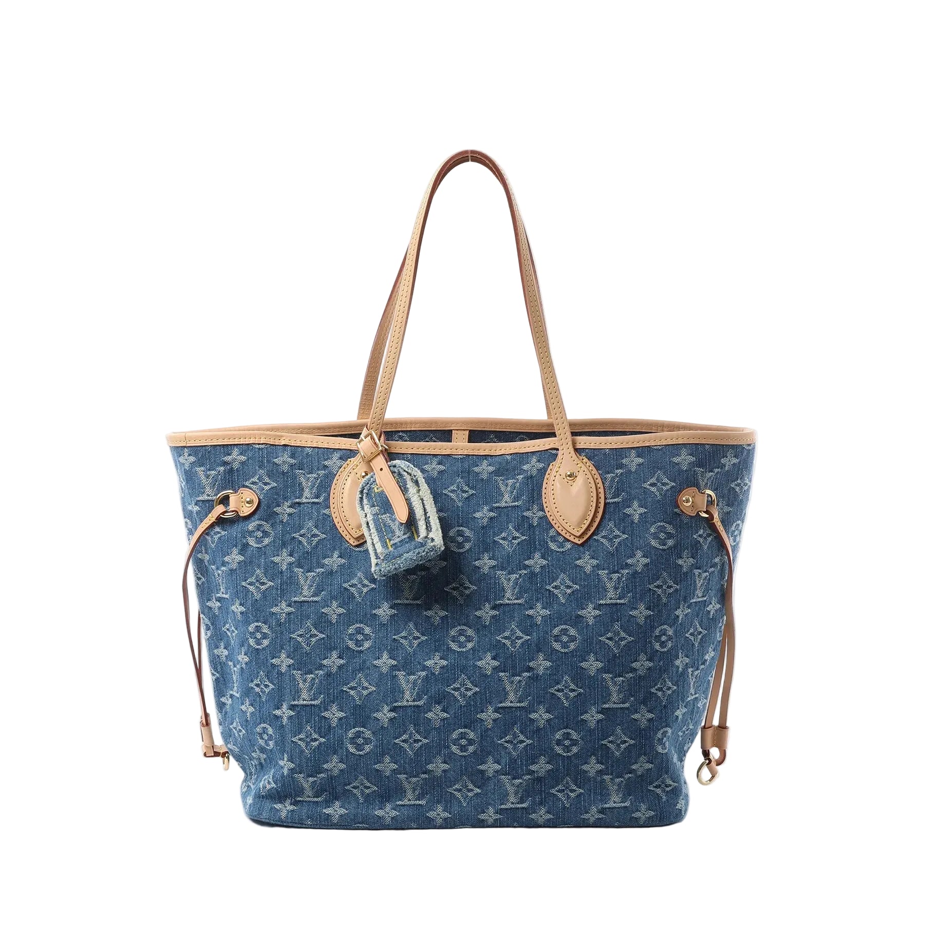Front view of Louis Vuitton Neverfull MM tote in blue Monogram denim with vachetta leather trim, long shoulder straps, side drawstring laces, and matching denim pouch attached.