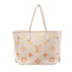 Beige Louis Vuitton Neverfull MM tote with oversized yellow and orange Monogram motifs, long leather handles, side ties and gold-tone hardware.