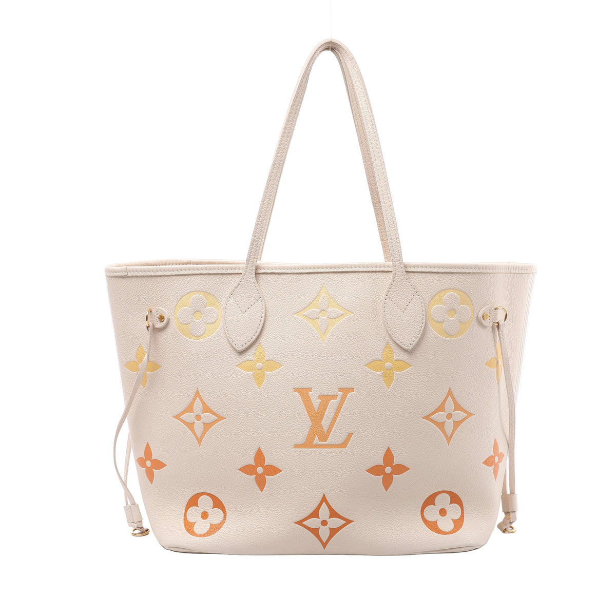 Beige Louis Vuitton Neverfull MM tote with oversized yellow and orange Monogram motifs, long leather handles, side ties and gold-tone hardware.