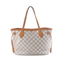 Louis Vuitton Neverfull PM tote in beige Damier Azur canvas with tan leather-look handles, trim and side drawstrings on a white background.