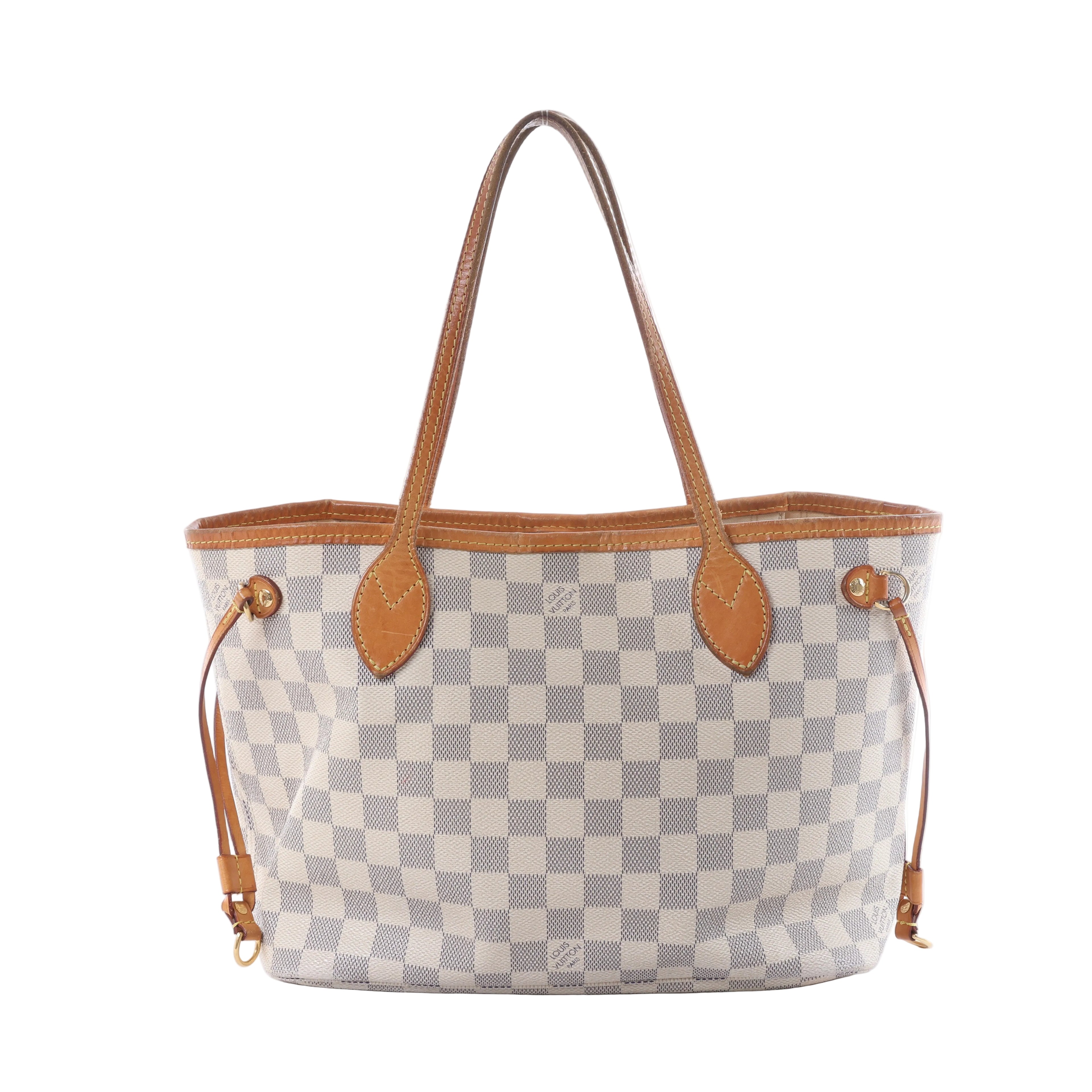 Louis Vuitton Neverfull PM tote in beige Damier Azur canvas with tan leather-look handles, trim and side drawstrings on a white background.