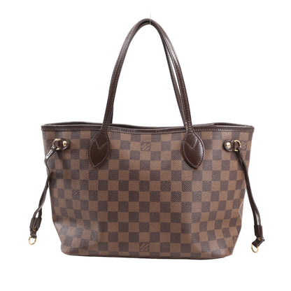 Louis Vuitton Neverfull PM N51109 tote bag in brown Damier Ebene coated canvas with chocolate leather handles, side drawstrings, and gold-tone hardware.