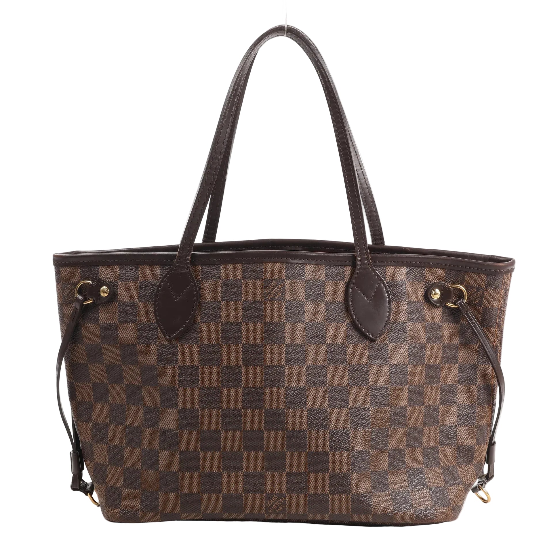 Louis Vuitton Neverfull PM shoulder bag in brown Damier Ebene coated canvas with dark brown leather handles, trim, and adjustable side laces.