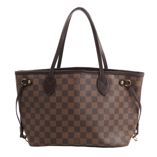 Louis Vuitton Neverfull PM shoulder bag in brown Damier Ebene coated canvas with dark brown leather handles, trim, and adjustable side laces.