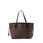 Louis Vuitton Neverfull PM brown Damier Ebene checkerboard tote bag with dark leather shoulder straps, side drawstring laces, and gold-tone hardware on white background.