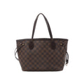 A brown Louis Vuitton Neverfull PM tote bag in Damier Ebene checkered canvas with dark brown leather handles and side drawstrings.