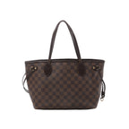 A brown Louis Vuitton Neverfull PM tote bag in Damier Ebene checkered canvas with dark brown leather handles and side drawstrings.