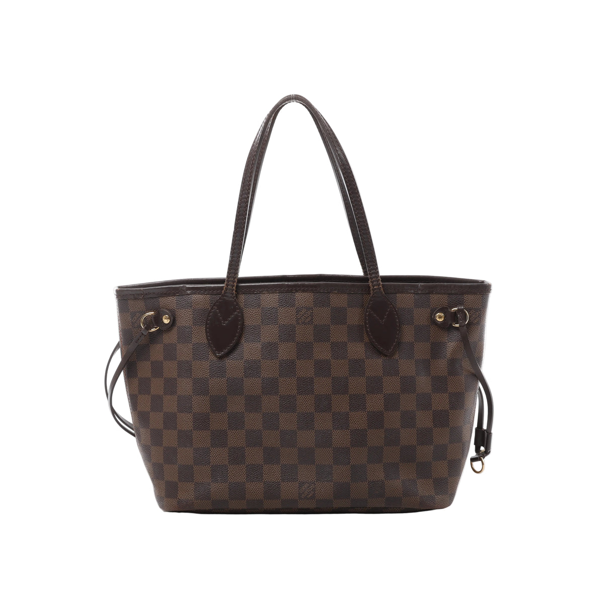 A brown Louis Vuitton Neverfull PM tote bag in Damier Ebene checkered canvas with dark brown leather handles and side drawstrings.