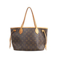 Louis Vuitton Neverfull PM shoulder bag in brown Monogram canvas with natural cowhide leather trim, dual top handles, and side drawstring details.