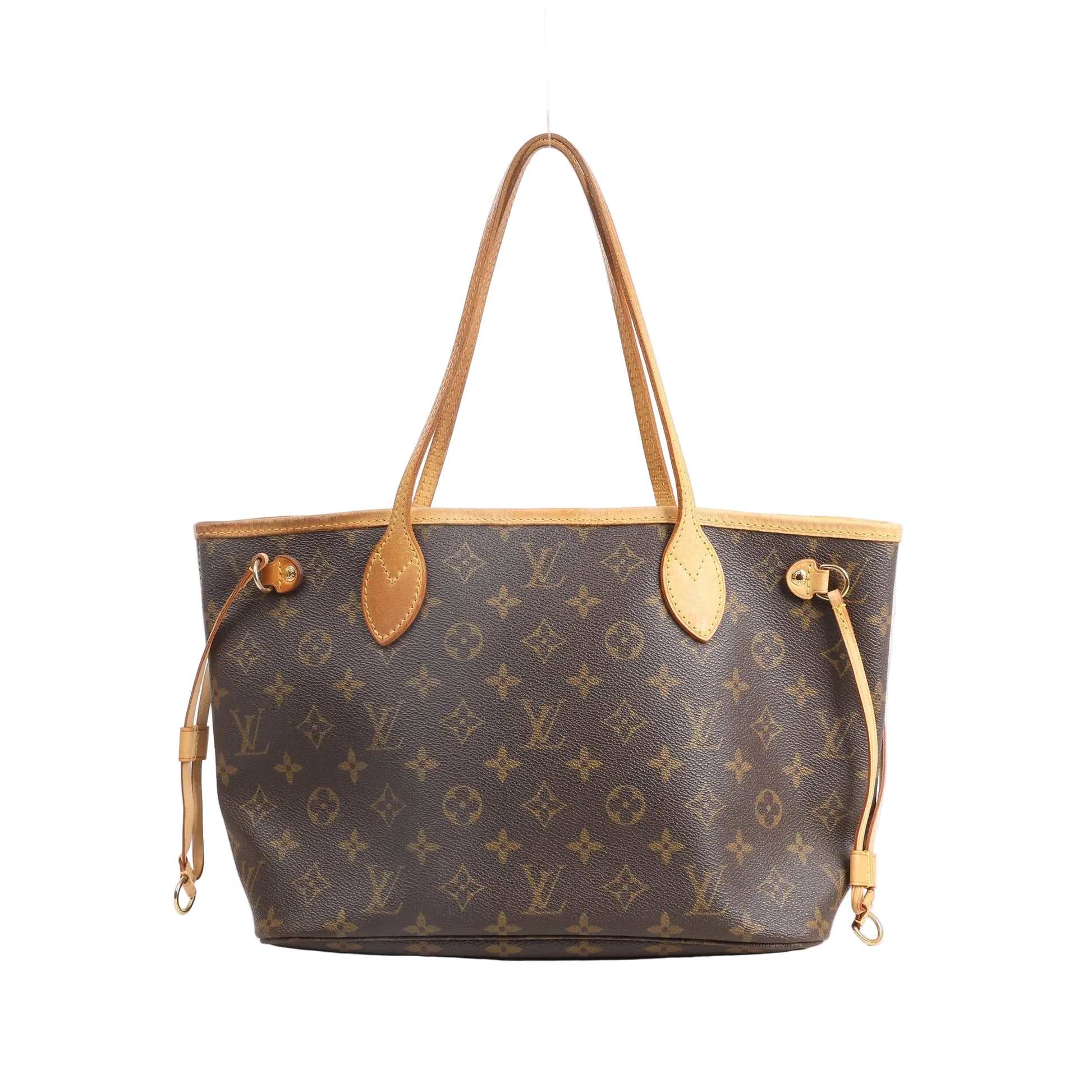 Louis Vuitton Neverfull PM shoulder bag in brown Monogram canvas with natural cowhide leather trim, dual top handles, and side drawstring details.