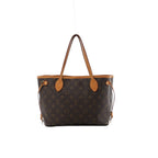 Louis Vuitton Neverfull PM shoulder bag in brown Monogram canvas with tan leather trim, slim straps, side laces and an open-top shape.