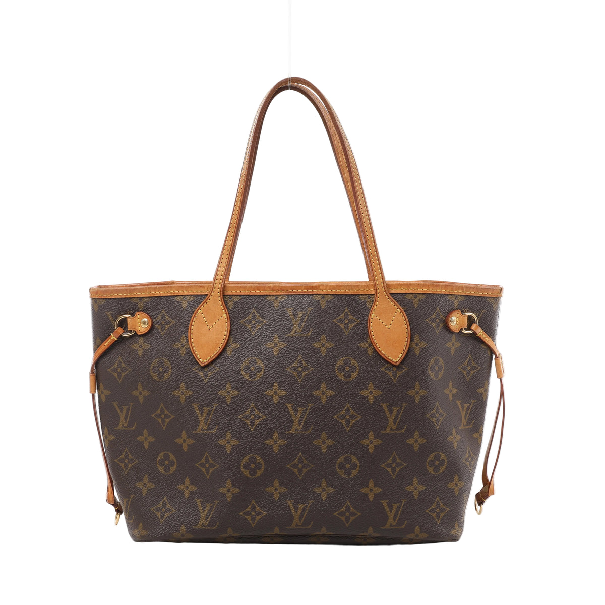 Louis Vuitton Neverfull PM bag in brown Monogram canvas with tan leather shoulder straps, trim and side ties, shown from the front.