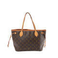 Louis Vuitton Monogram canvas Neverfull PM tote with tan leather trim, slim shoulder straps, and side drawstring laces on a white background.