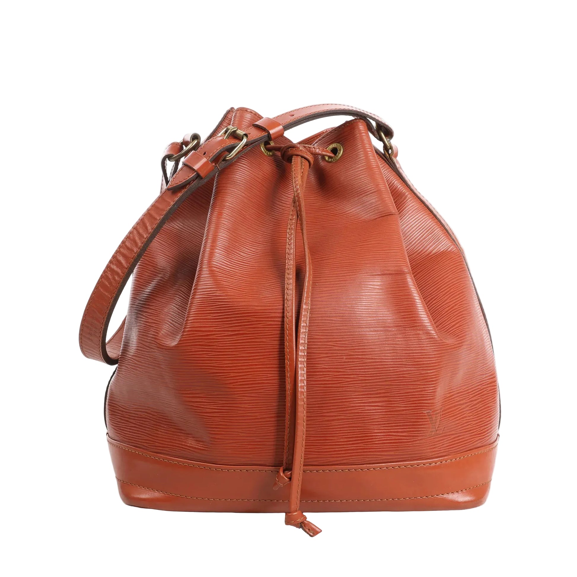 Front view of a Louis Vuitton Noé shoulder bag in brown Epi leather featuring a textured finish, drawstring closure, and adjustable leather strap with gold-tone hardware.