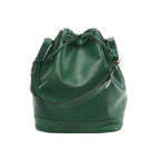 Louis Vuitton Noé shoulder bag in green textured Epi leather with a leather drawstring, shoulder strap and gold-tone buckles, on a white background.