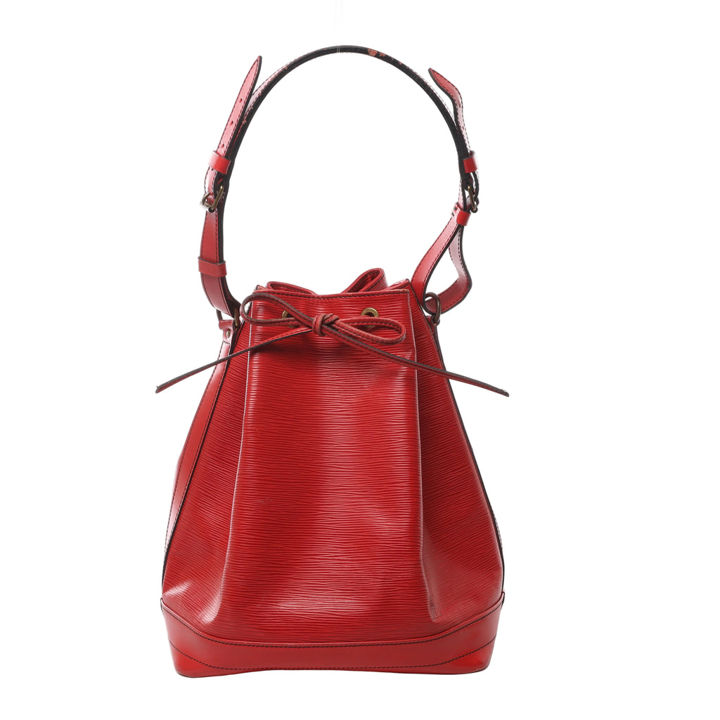 Red Louis Vuitton Noé Epi leather bucket bag with drawstring closure, adjustable shoulder strap and gold-tone eyelets.