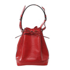 Red Louis Vuitton Noé Epi leather bucket bag with drawstring closure, adjustable shoulder strap and gold-tone eyelets.