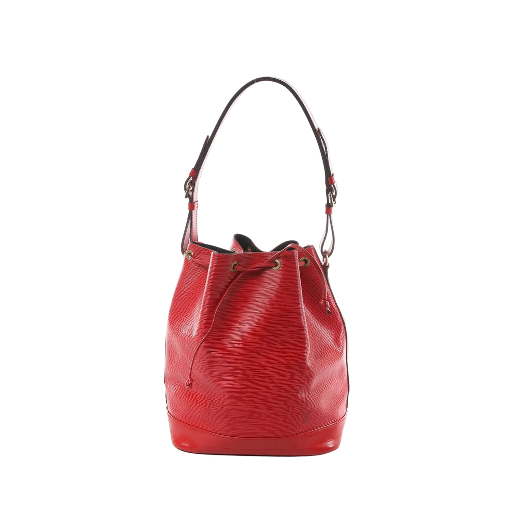 Louis Vuitton Noé red Epi leather bucket shoulder bag with drawstring closure, adjustable strap, and embossed LV logo on white background