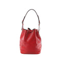 Louis Vuitton Noé red Epi leather bucket shoulder bag with drawstring closure, adjustable strap, and embossed LV logo on white background