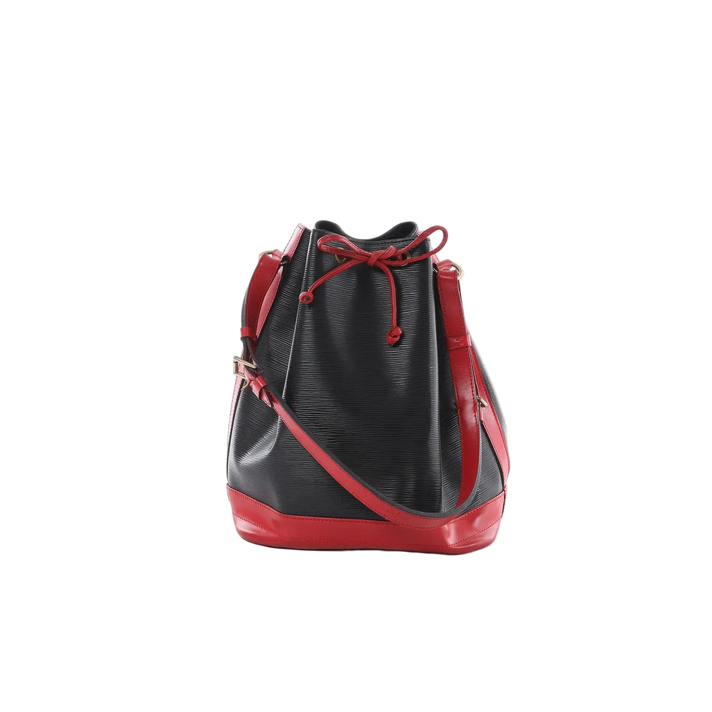 Louis Vuitton Noé bucket bag in black Epi leather with red leather trim, red drawstring closure and red shoulder strap.