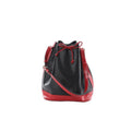 Louis Vuitton Noé bucket bag in black Epi leather with red leather trim, red drawstring closure and red shoulder strap.