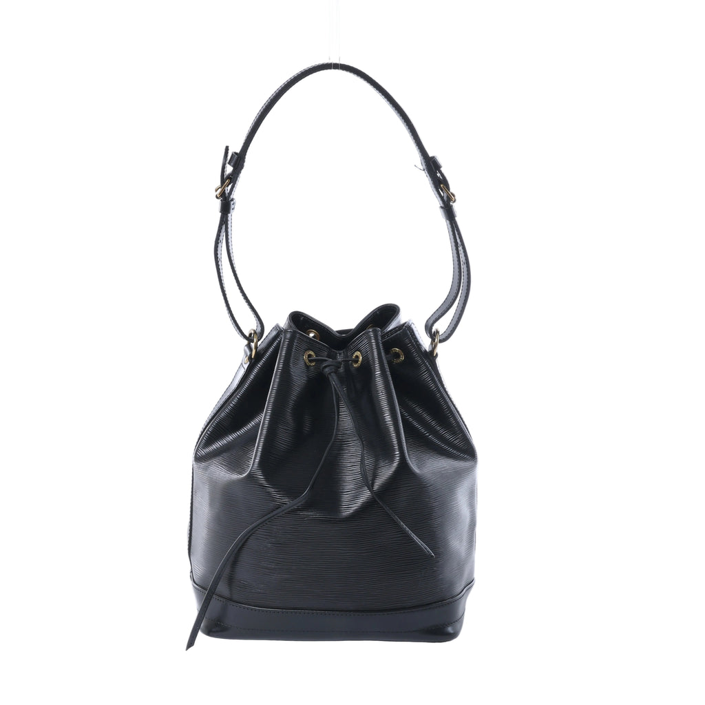 Louis Vuitton Noé black Epi leather bucket shoulder bag with drawstring closure, gold-tone eyelets and adjustable strap.