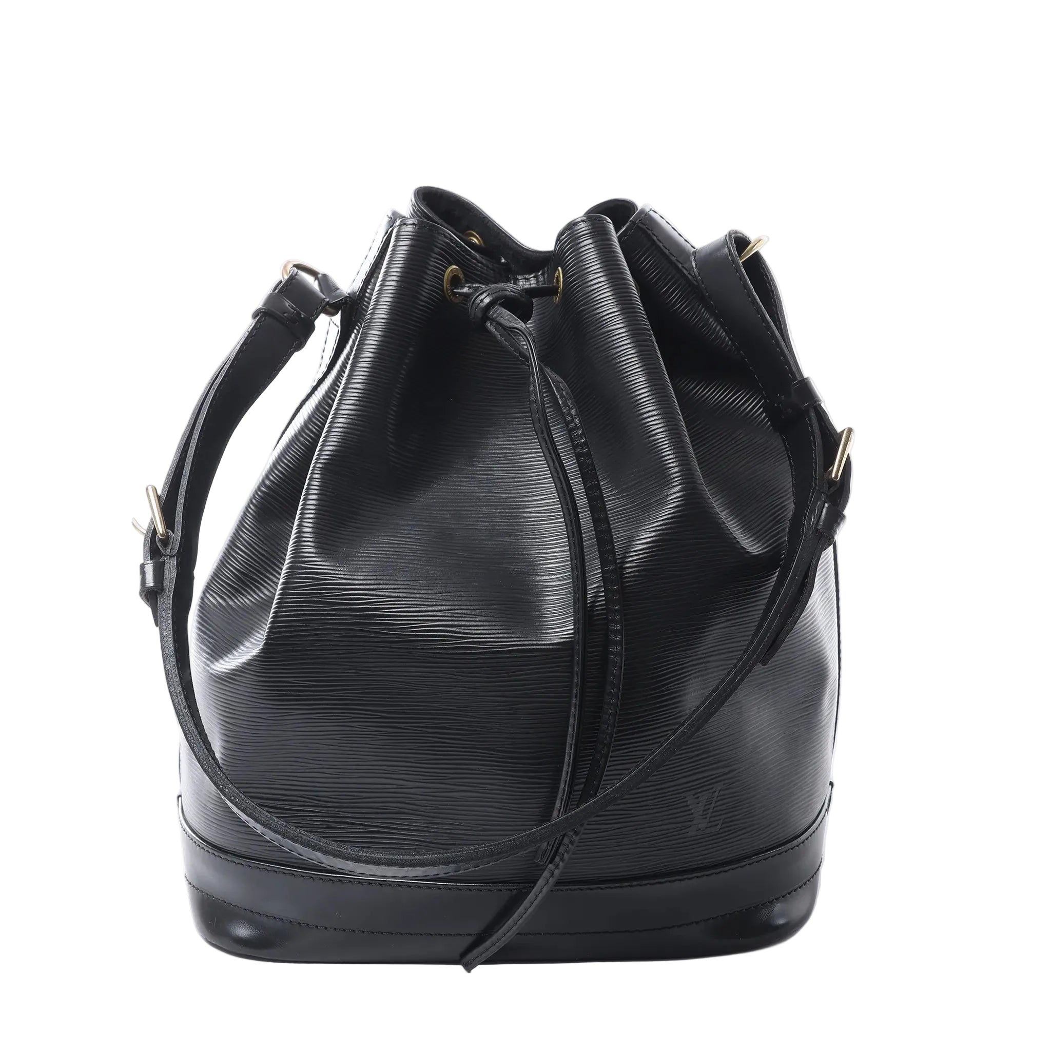 Louis Vuitton Noe shoulder bag in black Epi leather with ribbed texture, drawstring closure, adjustable shoulder strap and gold-tone hardware.