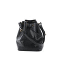 Louis Vuitton Noé bucket shoulder bag in black Epi textured leather with drawstring closure, adjustable shoulder strap, and black leather base, front view on white background