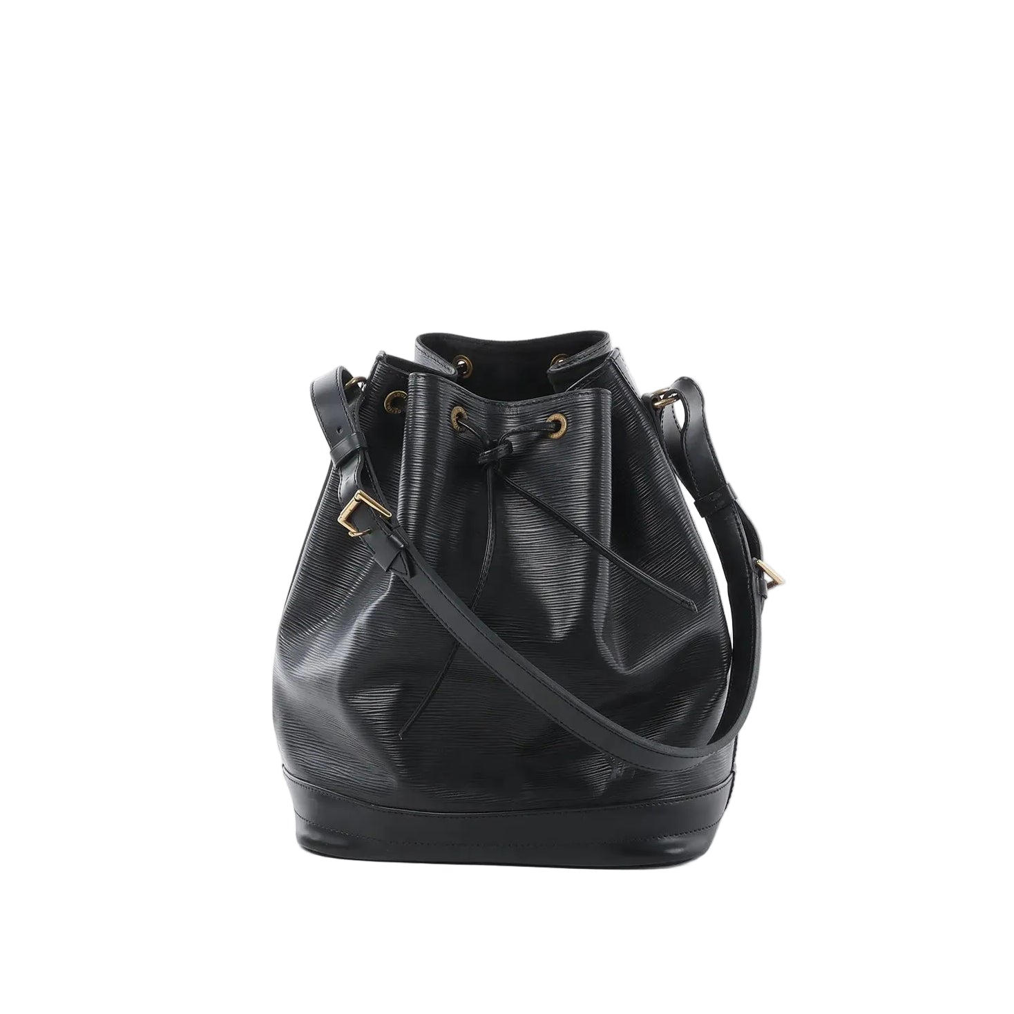 Louis Vuitton Noé bucket shoulder bag in black Epi textured leather with drawstring closure, adjustable shoulder strap, and black leather base, front view on white background