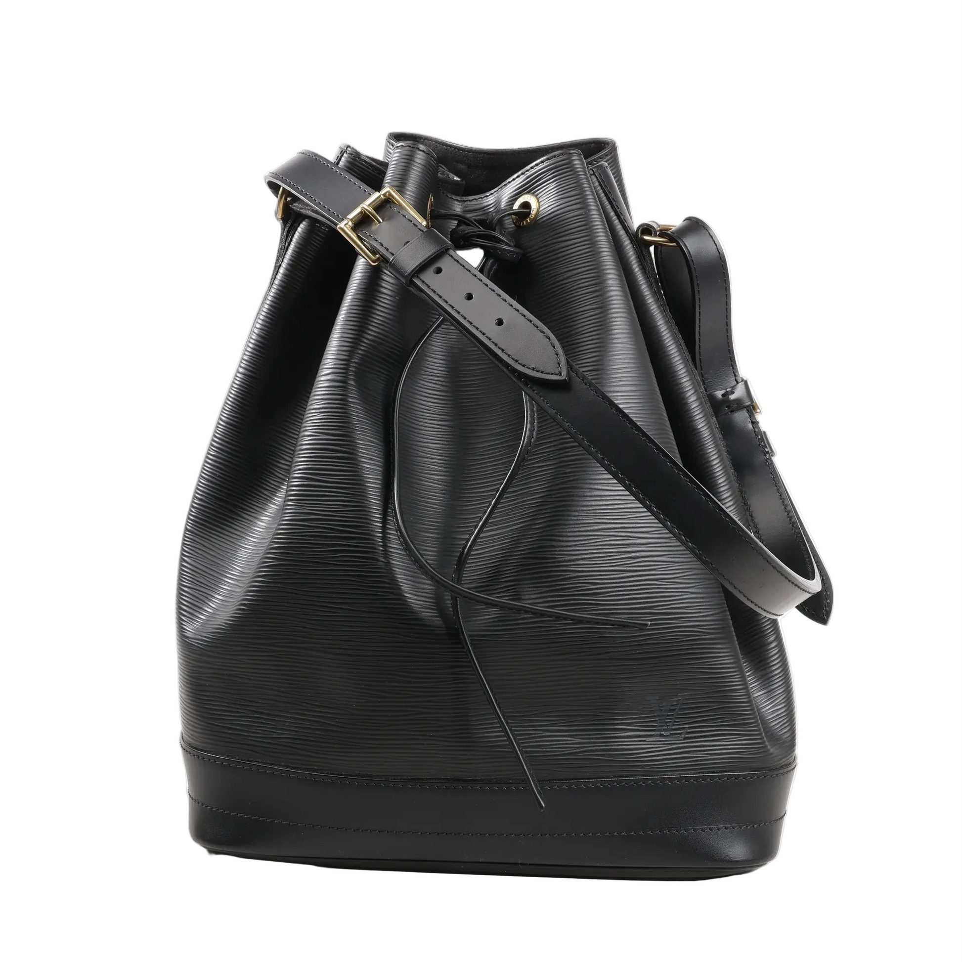 Louis Vuitton Noé shoulder bag M59002 in black Epi leather, featuring a textured finish, structured bucket silhouette, drawstring closure, and adjustable leather shoulder strap with gold-tone hardware.