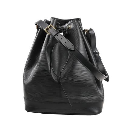 Louis Vuitton Noé shoulder bag M59002 in black Epi leather, featuring a textured finish, structured bucket silhouette, drawstring closure, and adjustable leather shoulder strap with gold-tone hardware.