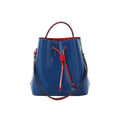 Louis Vuitton NoéNoé multicolor Epi leather bucket bag with blue body, red drawstring ties, top handle, shoulder strap and silver-tone hardware on white background.