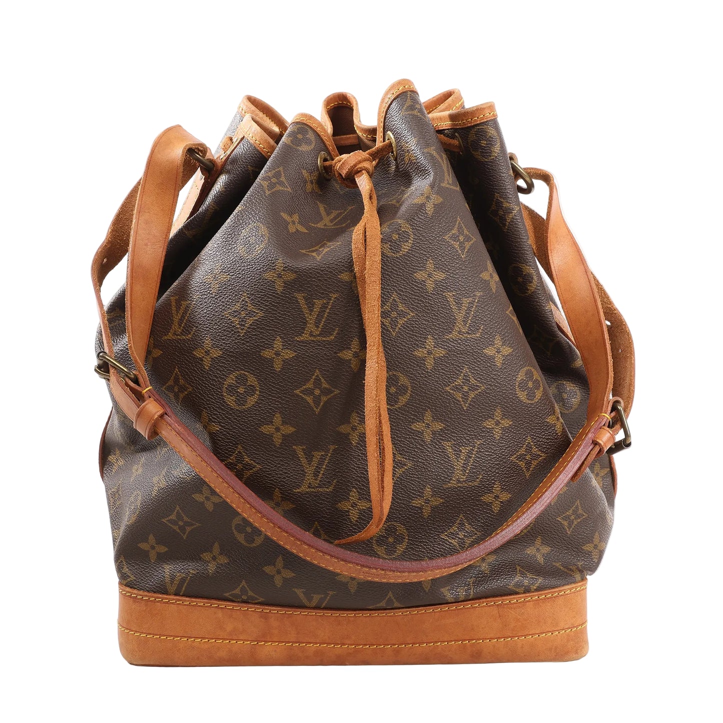 Louis Vuitton Noé Shoulder Bag M42224 in brown Monogram canvas with natural leather base, trim, adjustable shoulder strap, and drawstring top closure.