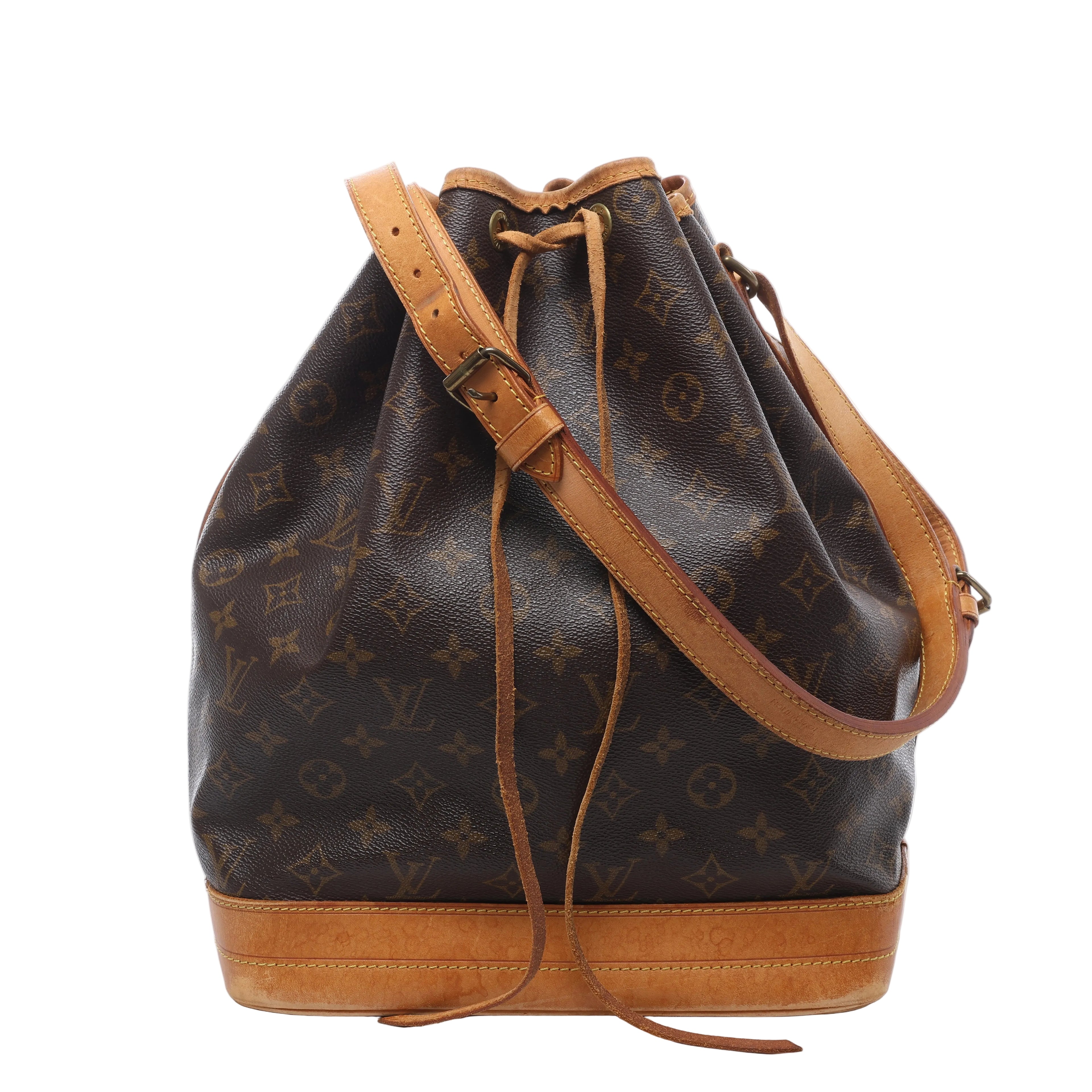 Brown Louis Vuitton Noé Monogram canvas bucket bag with tan leather shoulder strap, drawstring closure and tan leather base.